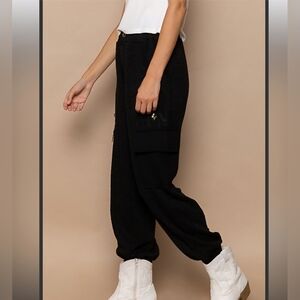 POL - Cargo Black Joggers with Lace Patch and embordered flower Size MED